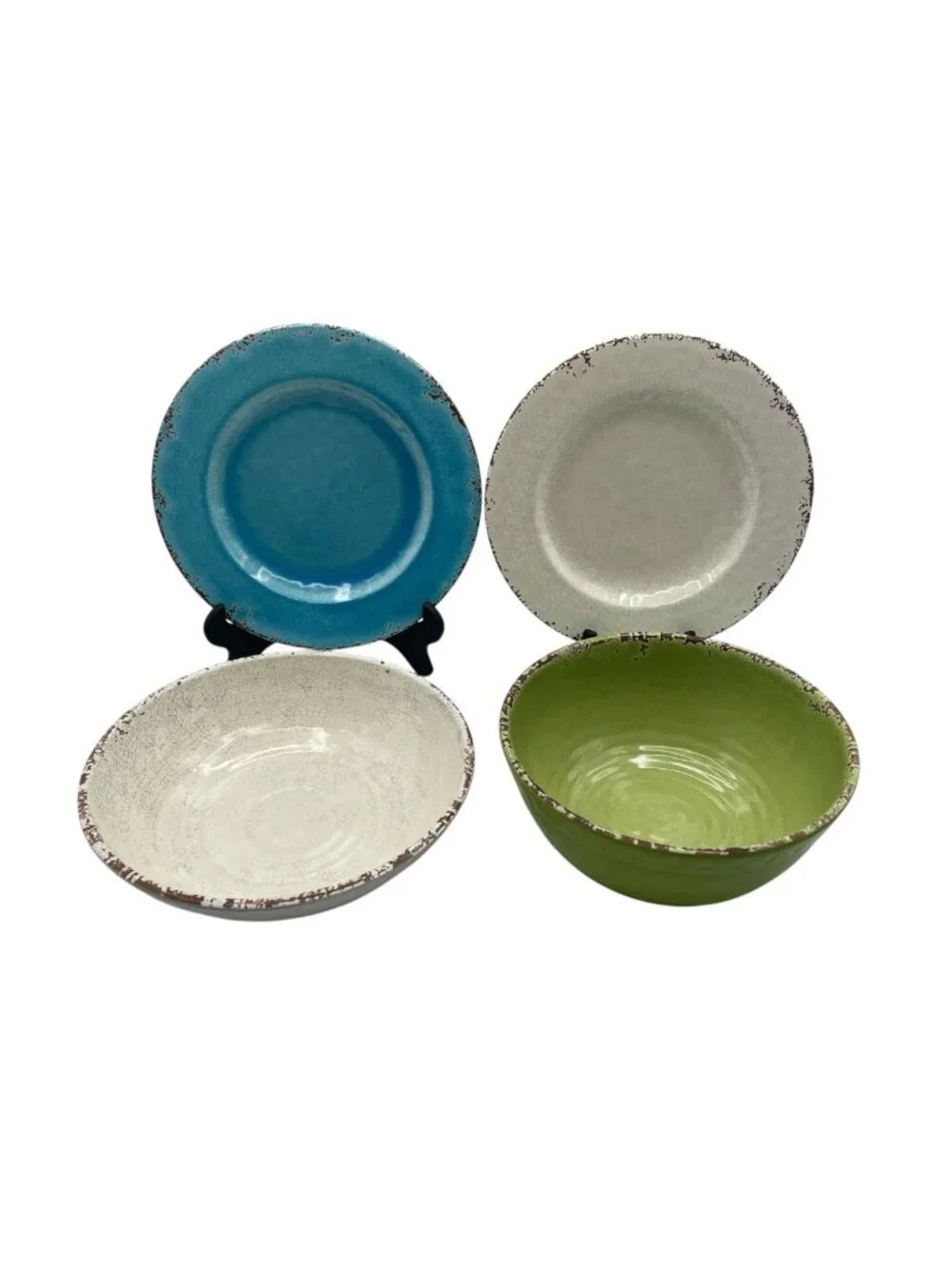 Williams Sonoma Rustic Outdoor Melamine Lot 2 Plates & 2 Bowls Ivory Blue Green